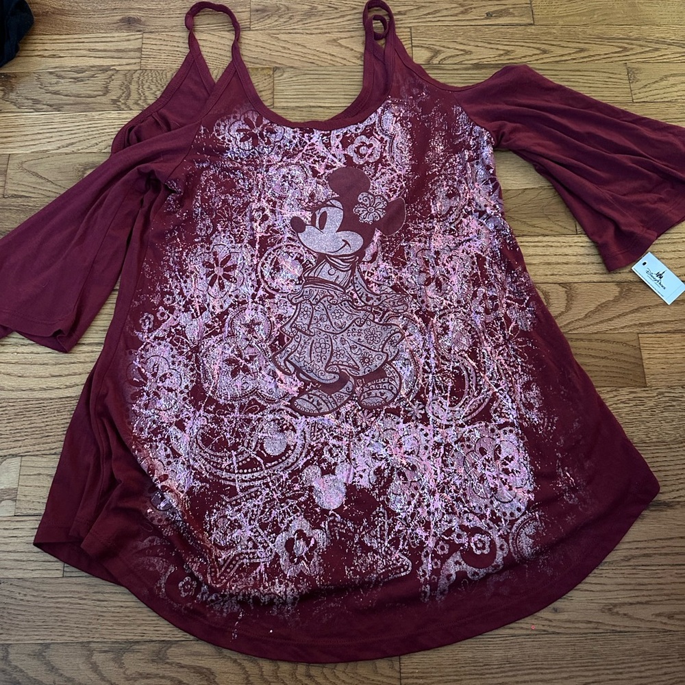Disney Minnie Mouse cold shoulder boutique top, shiny embellishment new! Rare!